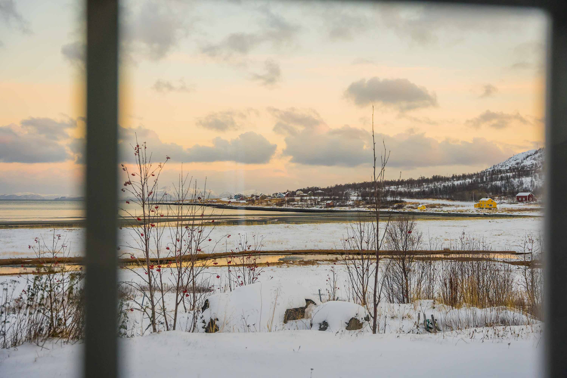 Utsikt fra leiligheten Jomfrudalen utover snødekt landskap og hav. Foto.