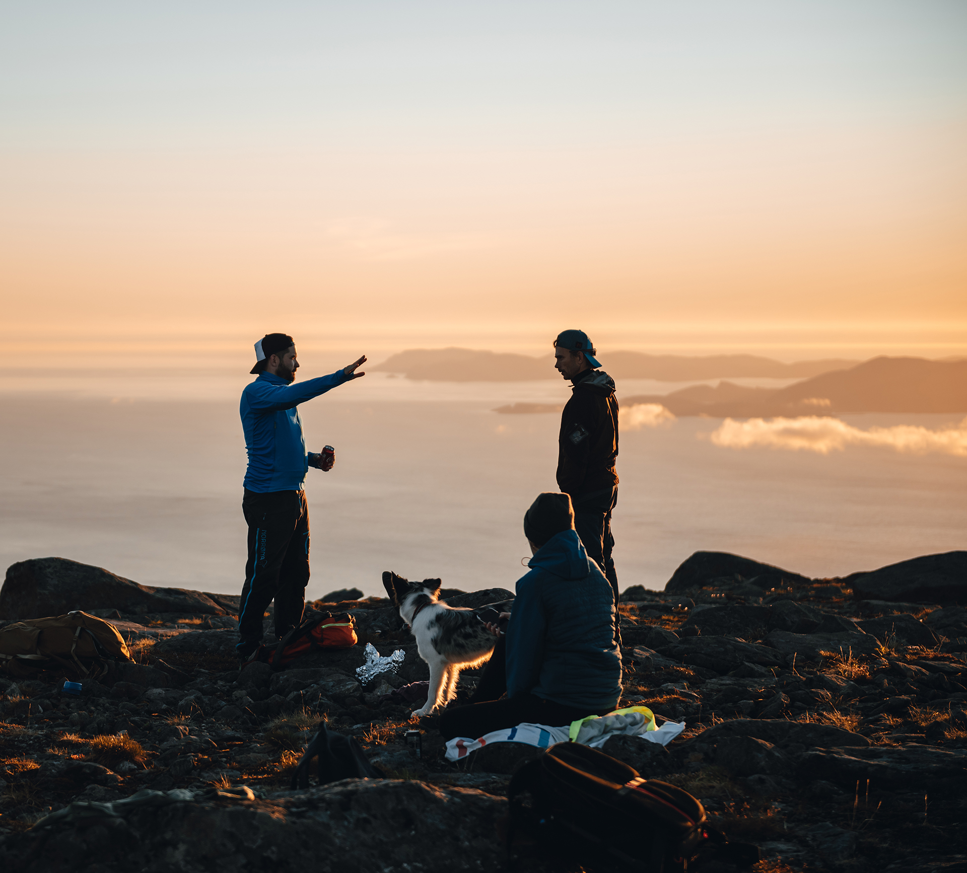 Tre personer og hund på fjell med utsikt til havet bak. Foto.